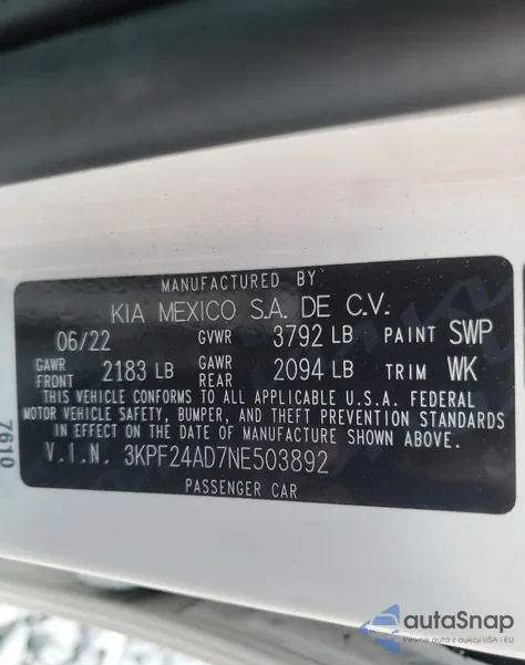 2022 Kia Forte Fe из США, поврежденный, VIN 3KPF24AD7NE503892